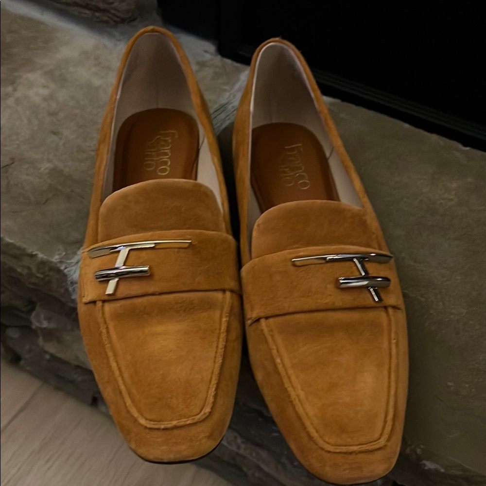 Franco Sarto Camel Suede Loafers with Metallic Accents